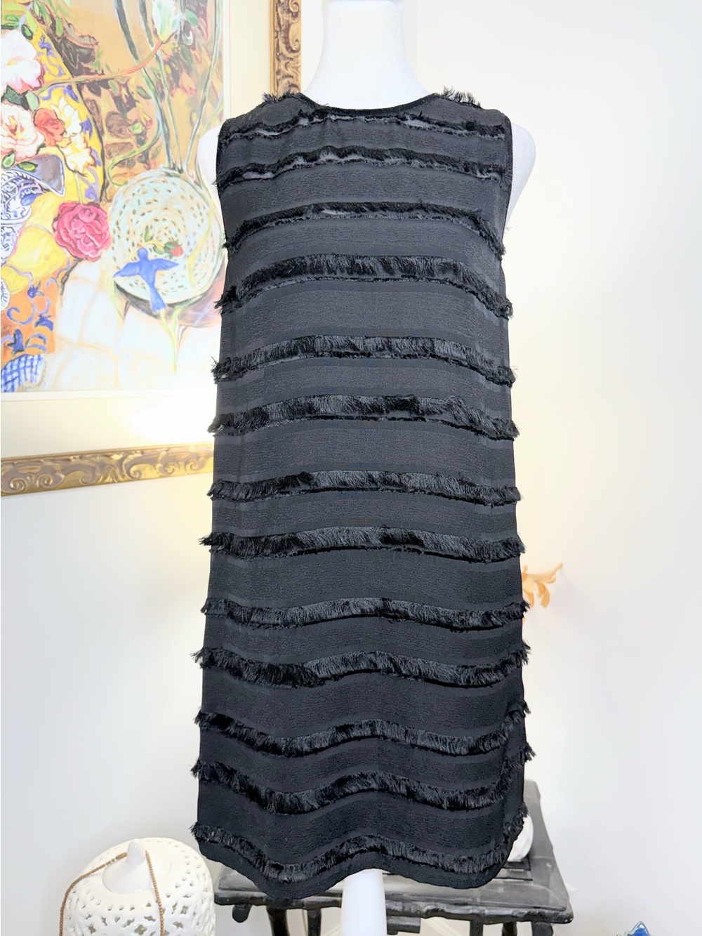 Michael Stars Black Fringe Shift Dress Sleeveless Textured Cocktail S